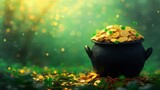 Black pot full of gold coins and shamrock leaves for st. patrick's day. Generative AI