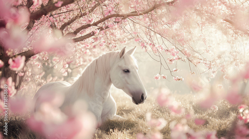 a white horse resting under a sakura tree  soft pink blossoms framing the scene  gentle sunlight filtering through  creating a peaceful  dreamy ambiance