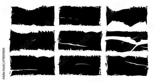 Frayed scraps of paper vector illustration set. Grunge jagged rectangles silhouettes.