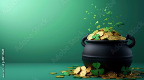 Black pot full of gold coins and shamrock leaves for st. patrick's day. Generative AI