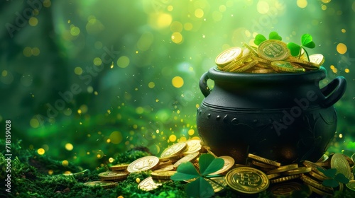 Black pot full of gold coins and shamrock leaves for st. patrick's day. Generative AI