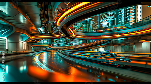 Futuristic Tunnel with Abstract Technology Background, Modern City and Neon Lights, Sci-Fi Concept