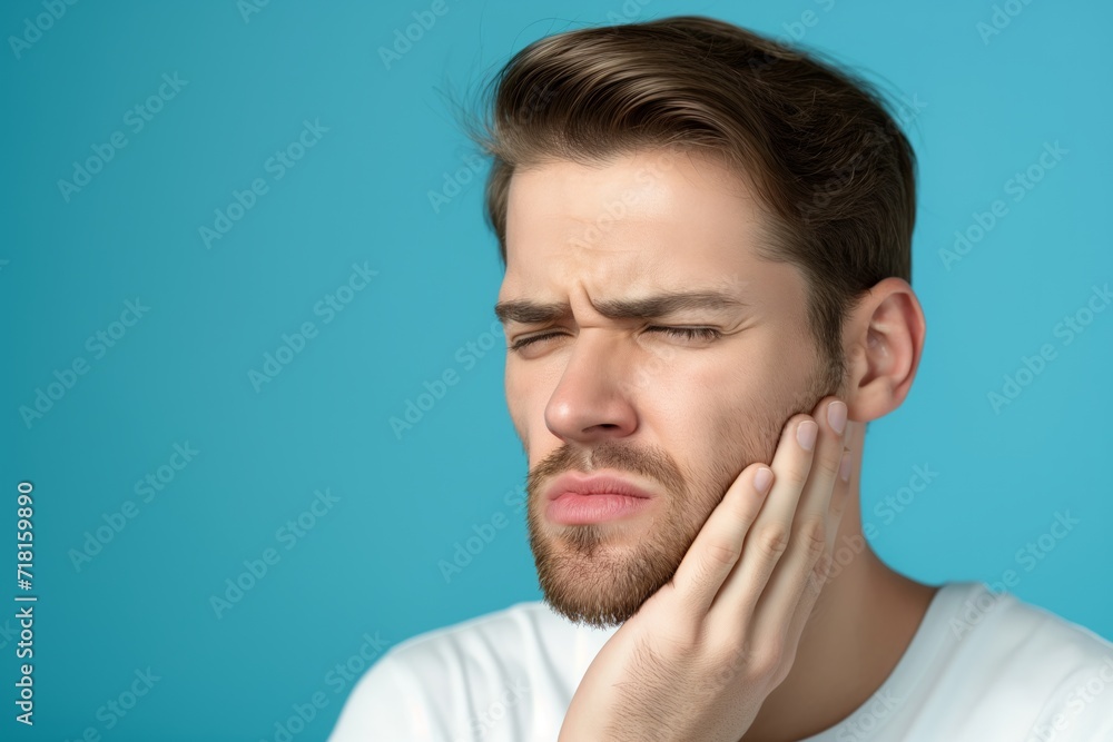Man suffering from toothache presses his cheek shows pain and discomfort on blue background close up