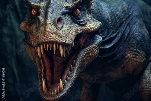 Enormous dinosaur with fierce expression  roaring up close in a controlled environment. Generative AI