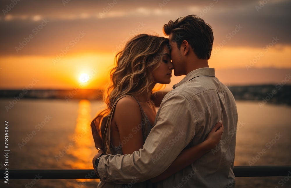 Man and Woman hugging and looking at the sunset
