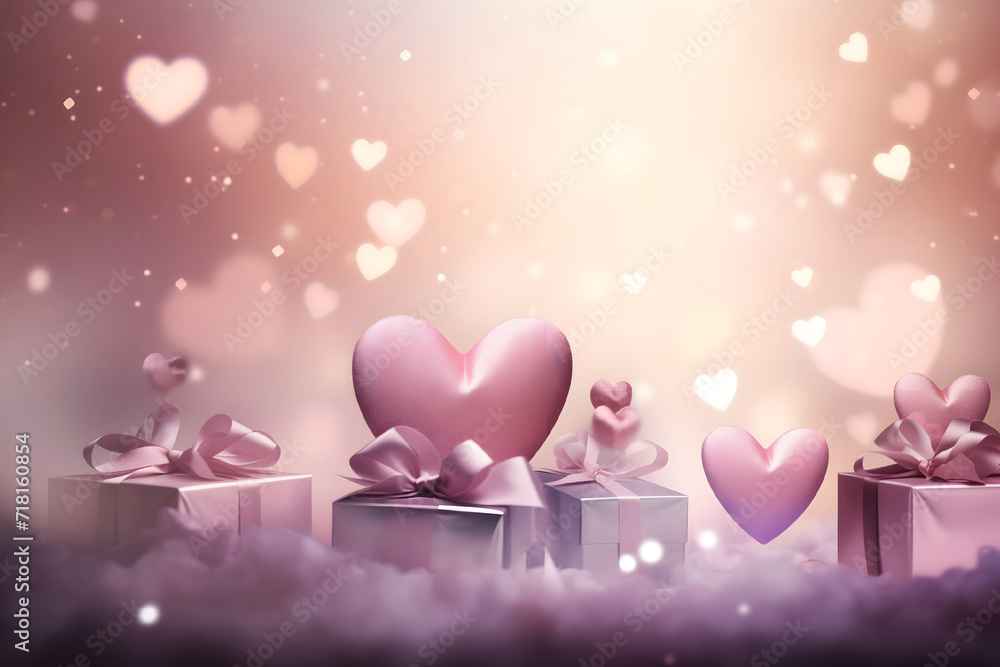 A postcard with purple and pink gift boxes among flying hearts and sequins on a light pink background with a place for congratulations and text
