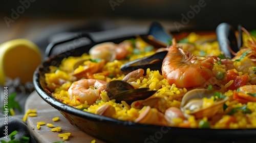 pan fried fish with vegetables, delectable serving of paella, a Spanish rice dish brimming with saffron-infused rice, tender seafood, savory meats, and aromatic spices