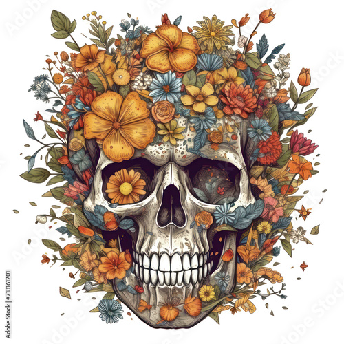 Human skull covered in flowers, white background