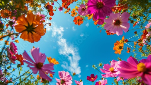 Beautiful flowers from below against a blue sky background. Unusual angle on floral photo