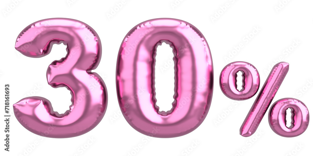Thirty percent. 30% balloon text. 3D illustration. Thirty percent. 30% balloon text. 3D illustration.