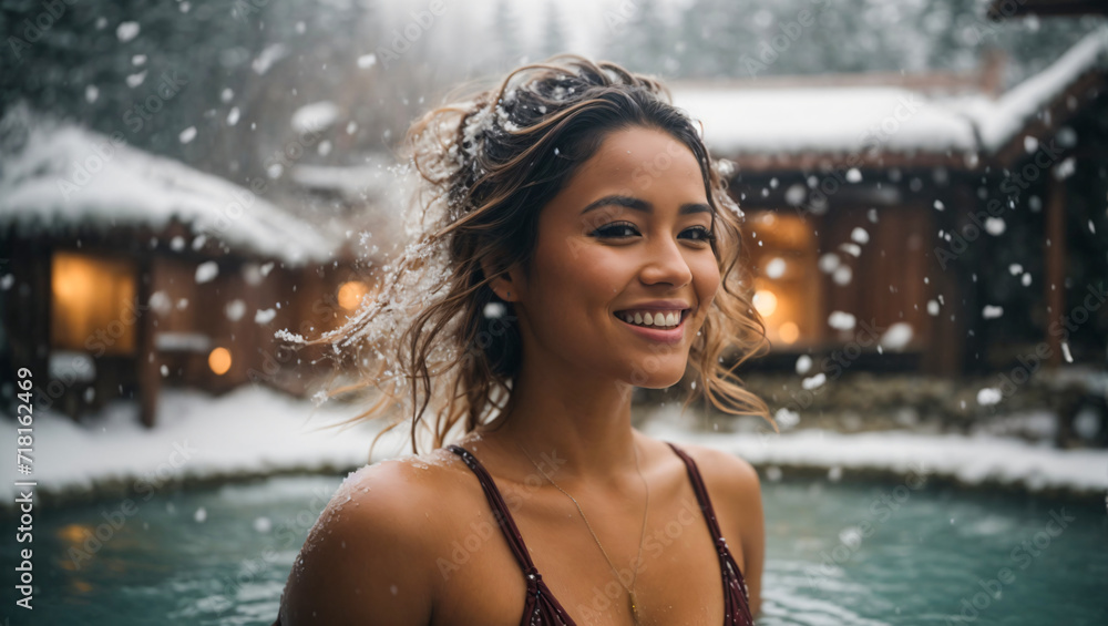 beautiful woman taking a bath in the winter
