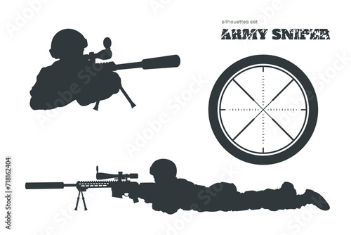 Army sniper silhouette. Isolated marksman portrait. Black print of soldier with rifle. Military weapon aim. Special force warrior