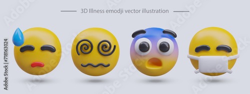Set of 3D emoticons that are not feeling well. Cold sweat, dizziness, blue forehead, medical mask. Illness, weakness. Vector faces in plasticine style