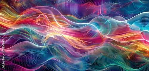 An abstract version of a tech expo, silk waves in a myriad of colors, representing various innovative technologies on display.
