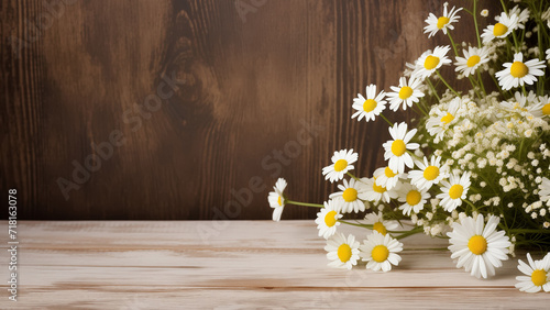 Empty wooden tabletop with chamomile flowers for product dispaly at brown wooden background	
 photo