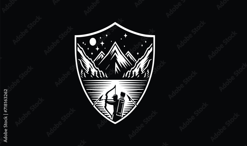 shield with wings and arrow mountain night water black and white background - obrazy, fototapety, plakaty 