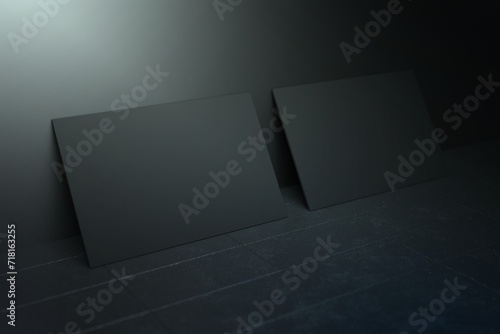 Black horizontal business card paper mockup template with blank space cover for insert company logo or personal identity on black concrete floor background. Modern concept. 3D illustration render