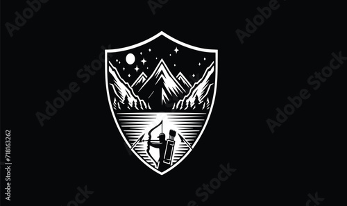 shield with wings and arrow mountain night water black and white background