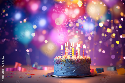 Birthday photo zone. Party celebration background. Balloons and cake. 