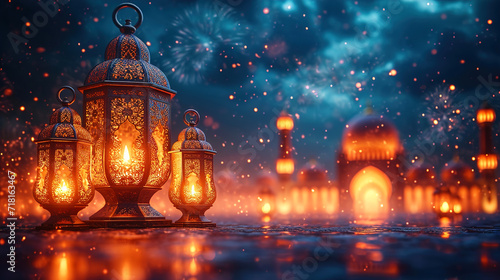 lantern hanging light Islamic Ramadhan shining and blur the background, Eid Al-Adha 