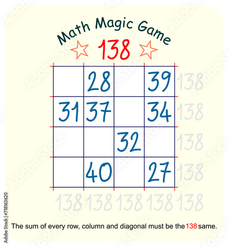 Magic math game. (Magic square)  Recreational mathematics and educational series vector illustration.