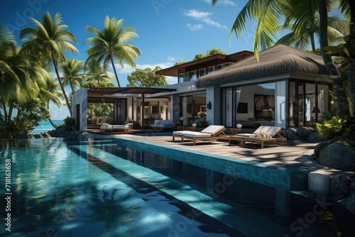 Modern Luxury Villa with Pool. Luxury beach resort, bungalow near endless pool over sea sunset, evening on tropical island, summer vacation concept