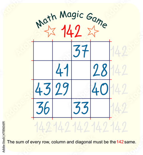 Magic math game. (Magic square)  Recreational mathematics and educational series vector illustration.