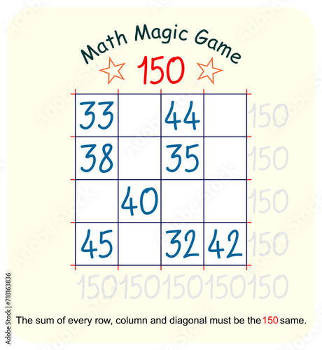 Magic math game. (Magic square)  Recreational mathematics and educational series vector illustration.