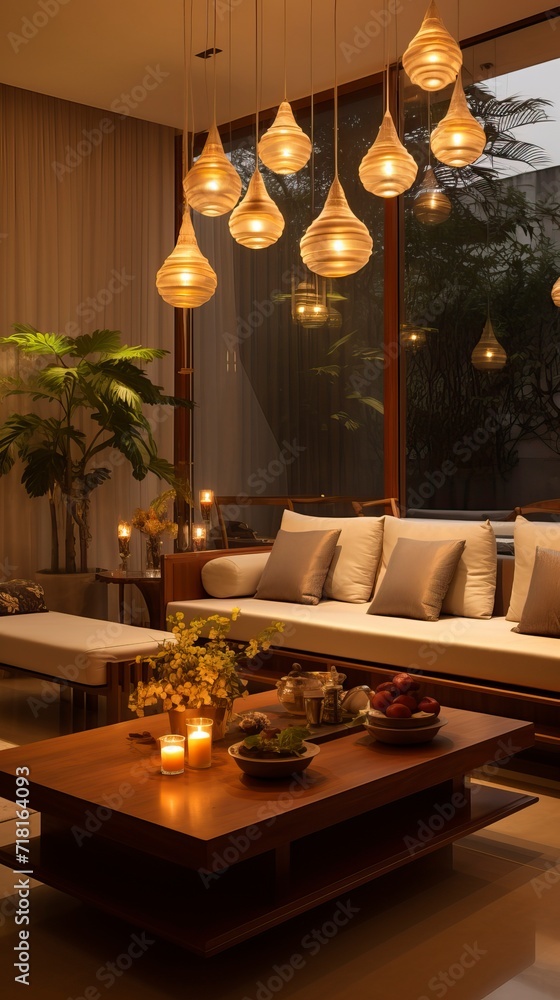 Gentle Glow of Diyas in a Modern Living Room