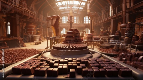 A panoramic view of a picturesque Belgian chocolate factory with the aroma of chocolate in the air.