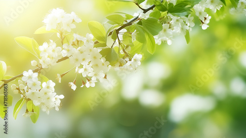 Ambiance printanière, fleurs blanches, sur les branches d'un arbre, cerisier. Arrière-plan de flou et lumière claire, ensoleillé. Printemps, été. Pour conception et création graphique © FlyStun