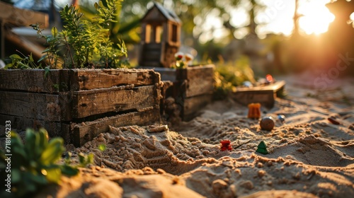 Sandbox with toys. Wooden box with children's toys on the sand in the garden. Children's sandpit in a children's playroom on a sunny summer day. childhood concept with copy space.
