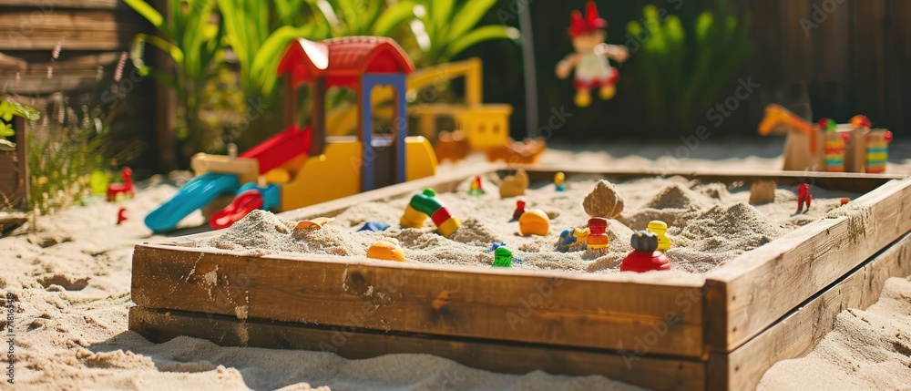 Sandbox with toys. Wooden box with children's toys on the sand in the garden.  Children's sandpit in a children's playroom on a sunny summer day. childhood concept with copy space.
