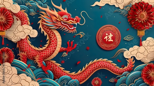Chinese New Year of the Dragon red paper cut with craft style, ai generative