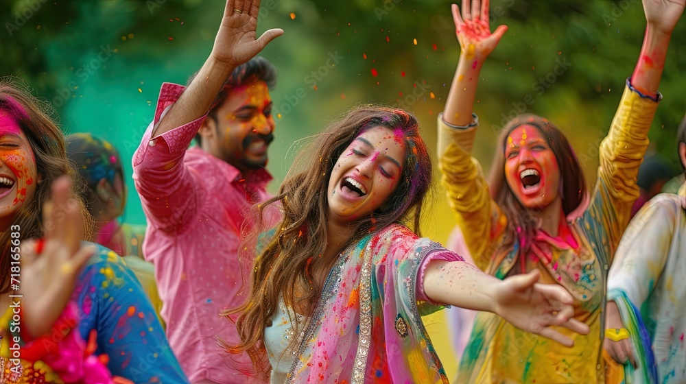 Obraz premium Indian people celebrating Holi festival with raised hands and colorful holi powder, ai generative