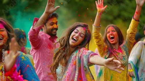 Indian people celebrating Holi festival with raised hands and colorful holi powder, ai generative