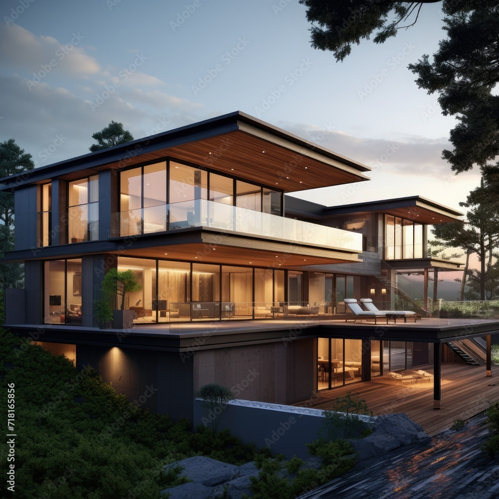 Fototapeta premium 3D rendering of modern house modern cozy house with garage for sale or rent with beautiful landscaping on background Ai generated