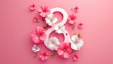 8 March Womens Day background with pink flowers and pink ribbon, ai generative