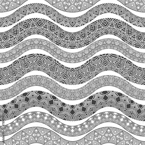 Vector wavy seamless pattern with ornate snake silhouettes. Black and white waves, lacy tribal ornaments 