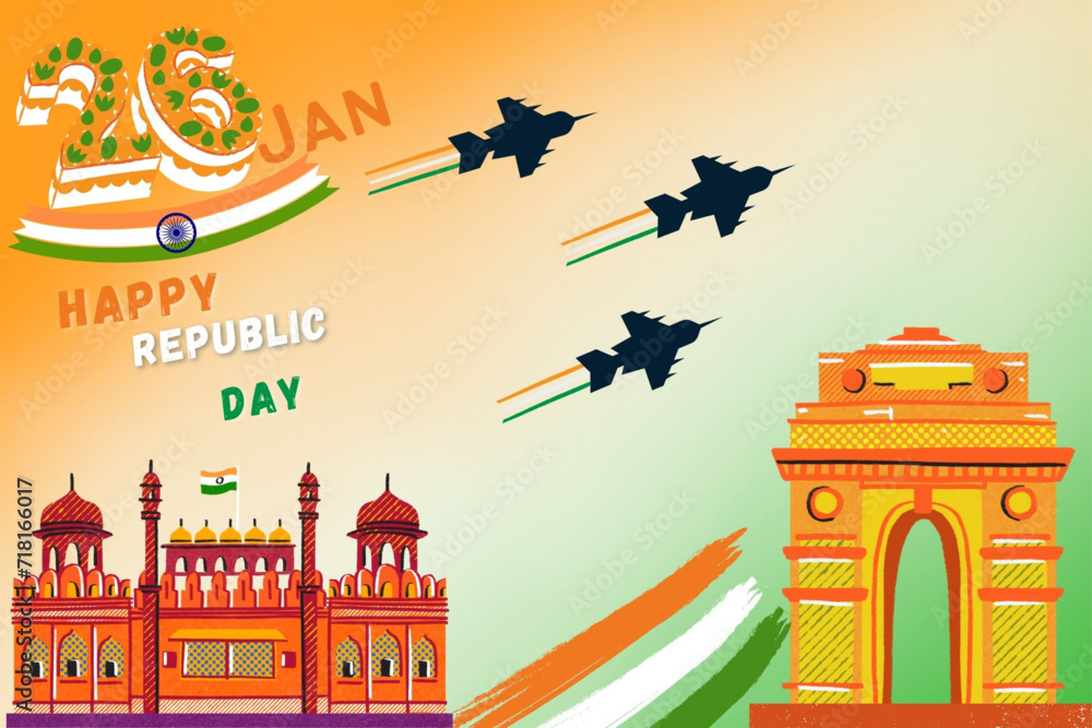 26 January Indian republic day vector India gate red fort airforce 