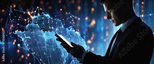 The businessman using a tablet in a silhouette double exposure. In the background is network of glowing data. Cybersecurity, Cyber crime, Cyberattack. Stylish in the style of double exposure
