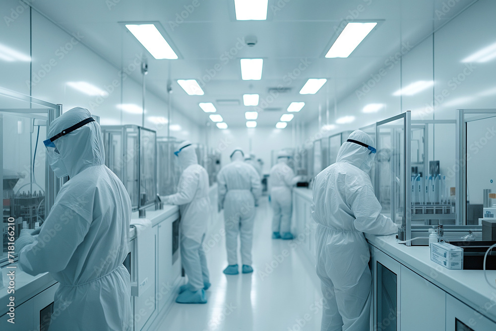 Laboratory technicians in protective clothing work with machines in a white laboratory - Generative AI Laboratory technicians in protective clothing work with machines in a white laboratory - Generative AI