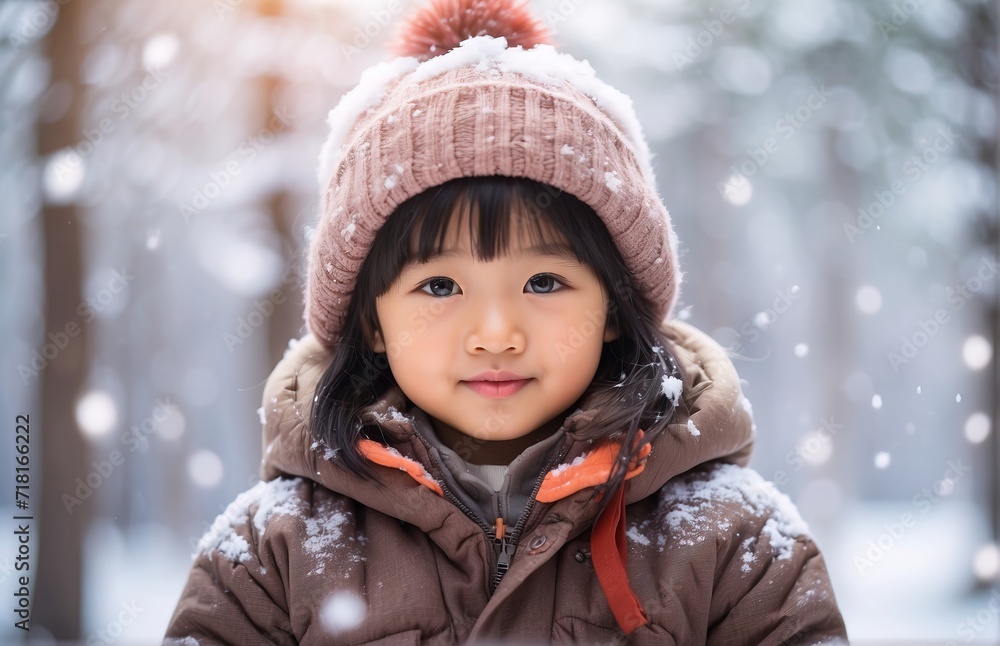 Child with winter snow forest, winter natural background Child with winter snow forest, winter natural background
