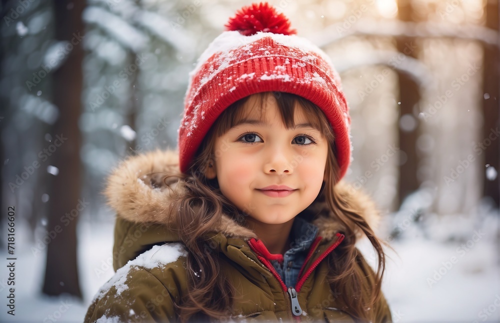 Child with winter snow forest, winter natural background Child with winter snow forest, winter natural background