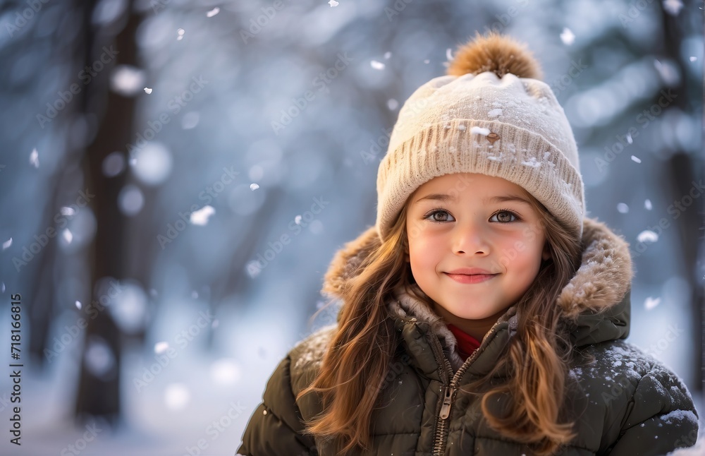 Child with winter snow forest, winter natural background Child with winter snow forest, winter natural background