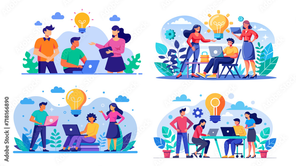Fototapeta premium Collaborative teamwork and brainstorming sessions in colorful vector illustrations