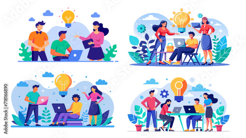 Collaborative teamwork and brainstorming sessions in colorful vector illustrations