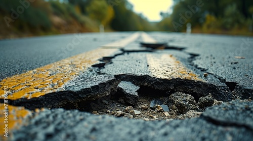 Earthquake Impact. Cracked Road from Side to Side  a Symbol of Seismic Activity