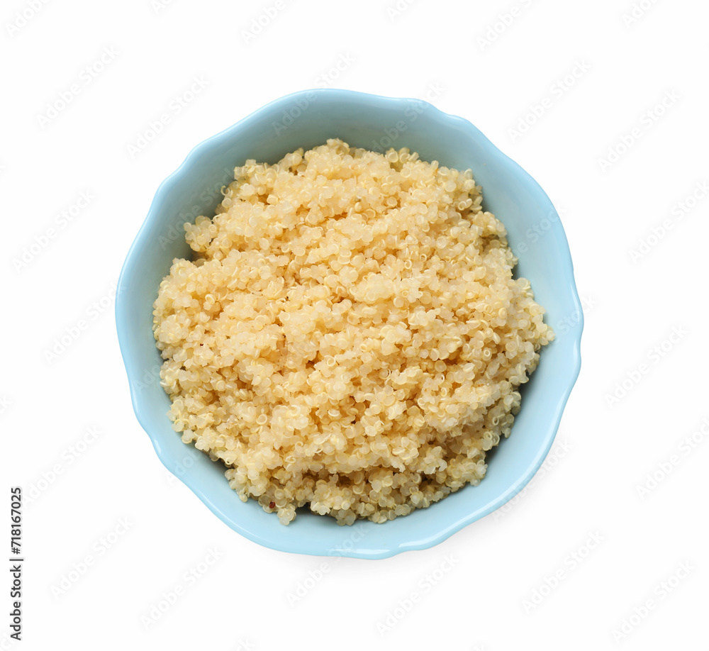 Tasty cooked quinoa in bowl isolated on white, top view Tasty cooked quinoa in bowl isolated on white, top view