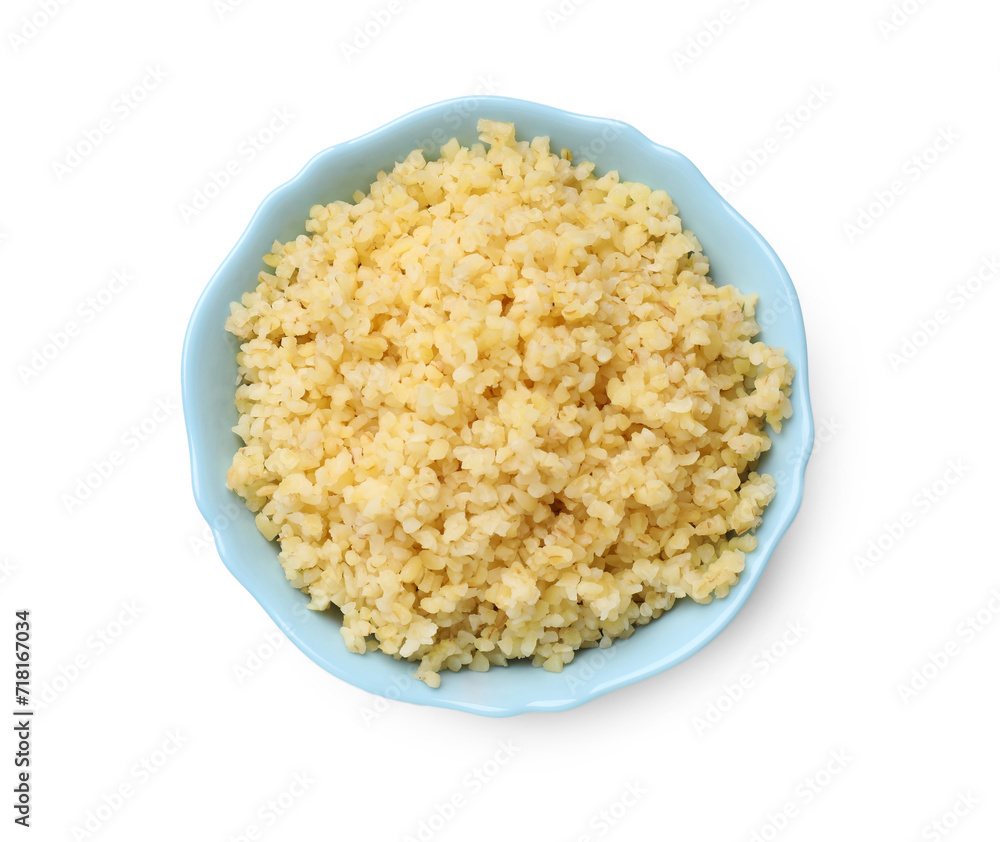 Delicious bulgur in bowl isolated on white, top view Delicious bulgur in bowl isolated on white, top view